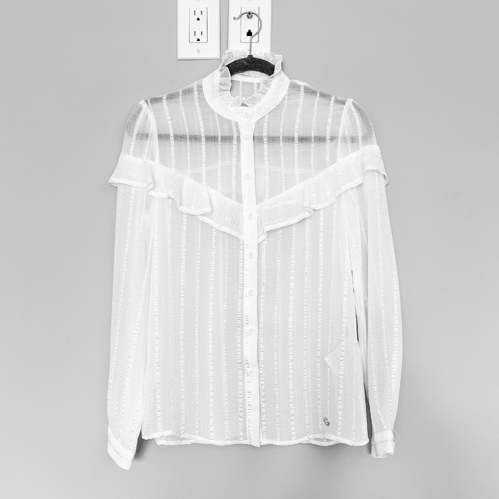 Gaudi Jeans White Semi Sheer White Button Down Blouse Long Sleeve Ruffles 42 6US
